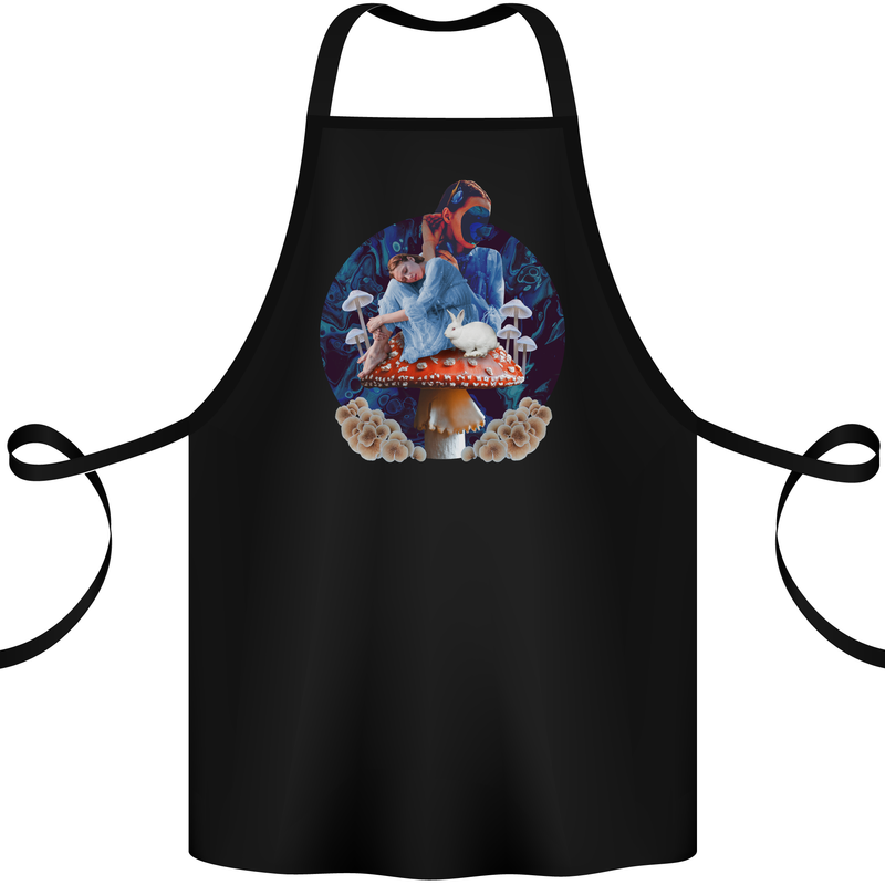 Trippy Alice Magic Mushrooms LSD Cotton Apron 100% Organic Black