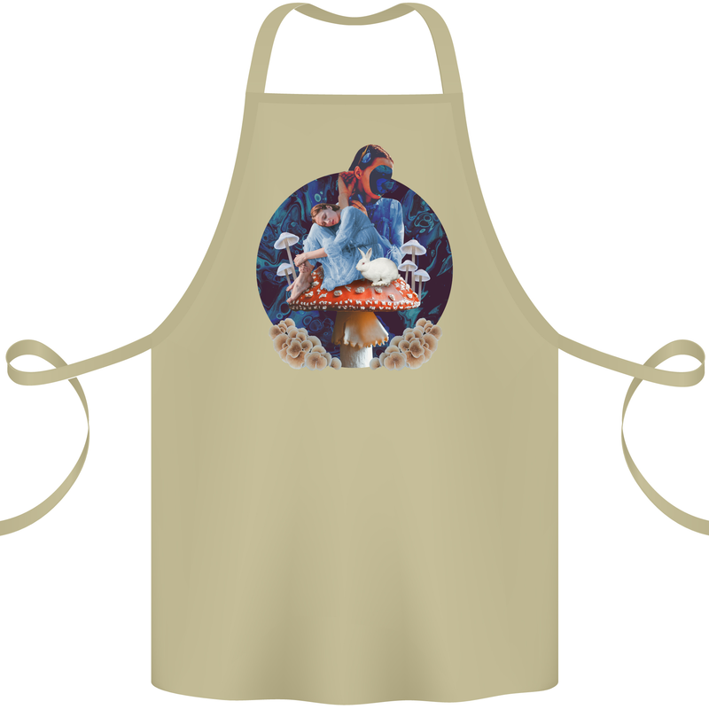 Trippy Alice Magic Mushrooms LSD Cotton Apron 100% Organic Khaki