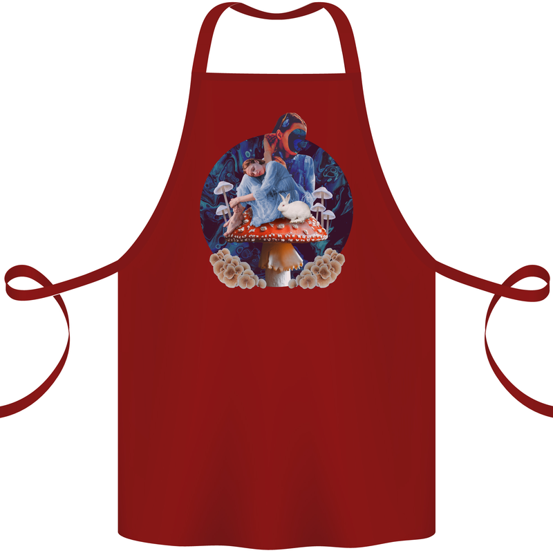 Trippy Alice Magic Mushrooms LSD Cotton Apron 100% Organic Maroon