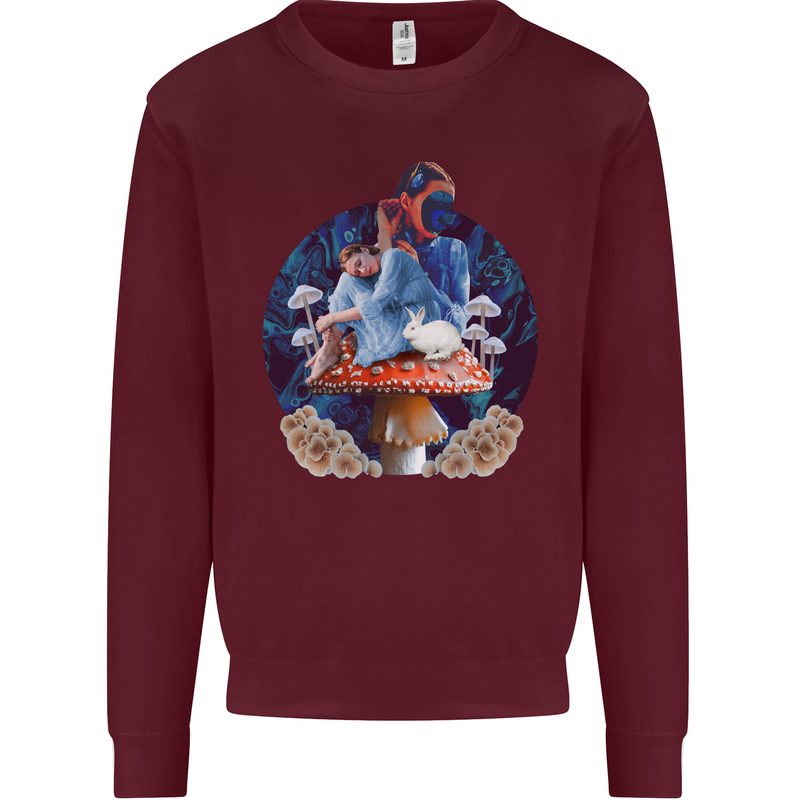 Trippy Alice Magic Mushrooms LSD Kids Sweatshirt Jumper Maroon