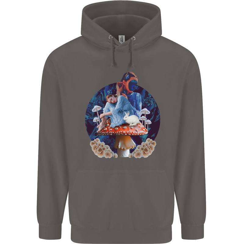 Trippy Alice Magic Mushrooms LSD Mens 80% Cotton Hoodie Charcoal