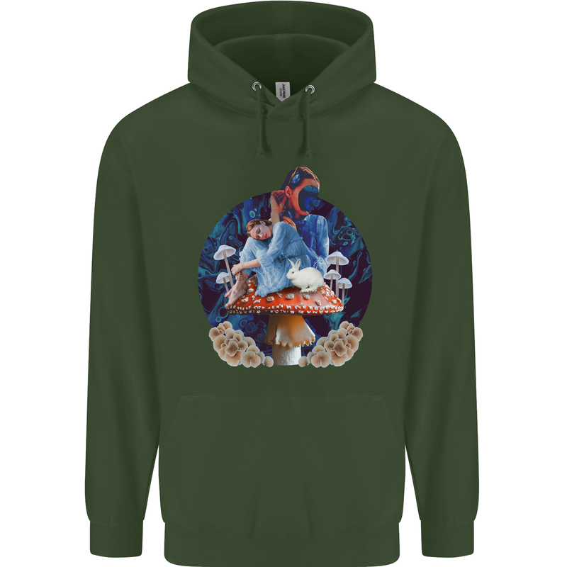 Trippy Alice Magic Mushrooms LSD Mens 80% Cotton Hoodie Forest Green