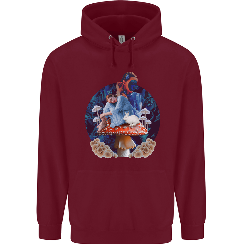 Trippy Alice Magic Mushrooms LSD Mens 80% Cotton Hoodie Maroon