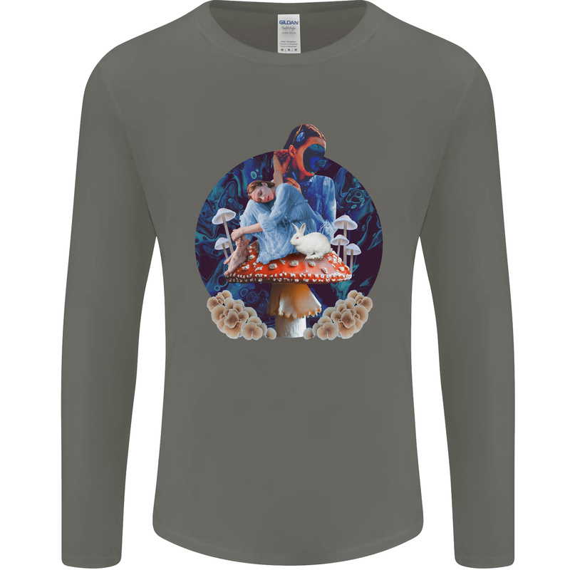 Trippy Alice Magic Mushrooms LSD Mens Long Sleeve T-Shirt Charcoal
