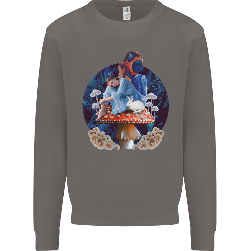Trippy Alice Magic Mushrooms LSD Mens Sweatshirt Jumper Charcoal