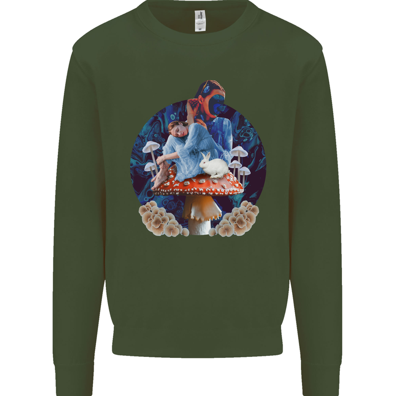 Trippy Alice Magic Mushrooms LSD Mens Sweatshirt Jumper Forest Green