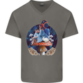 Trippy Alice Magic Mushrooms LSD Mens V-Neck Cotton T-Shirt Charcoal