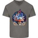Trippy Alice Magic Mushrooms LSD Mens V-Neck Cotton T-Shirt Charcoal