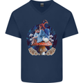 Trippy Alice Magic Mushrooms LSD Mens V-Neck Cotton T-Shirt Navy Blue