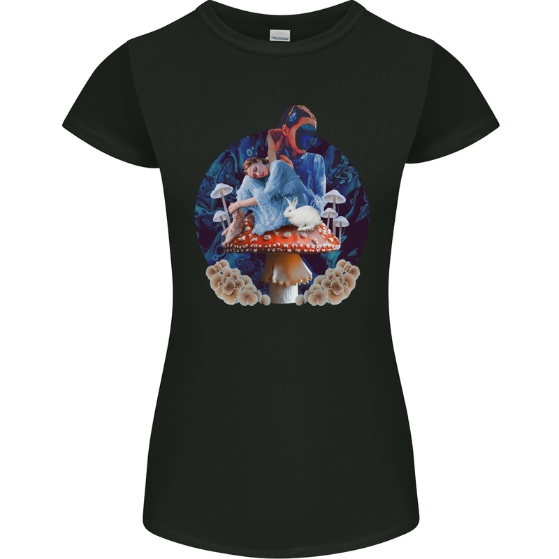 Trippy Alice Magic Mushrooms LSD Womens Petite Cut T-Shirt Black
