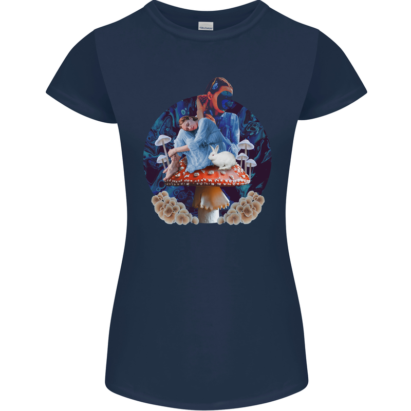 Trippy Alice Magic Mushrooms LSD Womens Petite Cut T-Shirt Navy Blue