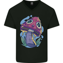 Trippy Magic Mushroom LSD Mens V-Neck Cotton T-Shirt Black