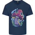 Trippy Magic Mushroom LSD Mens V-Neck Cotton T-Shirt Navy Blue