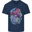 Trippy Magic Mushroom LSD Mens V-Neck Cotton T-Shirt Navy Blue