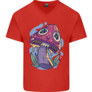 Trippy Magic Mushroom LSD Mens V-Neck Cotton T-Shirt Red