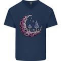 Trippy Magic Mushroom Moon LSD Psychedelic Mens V-Neck Cotton T-Shirt Navy Blue