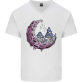 Trippy Magic Mushroom Moon LSD Psychedelic Mens V-Neck Cotton T-Shirt White