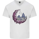Trippy Magic Mushroom Moon LSD Psychedelic Mens V-Neck Cotton T-Shirt White