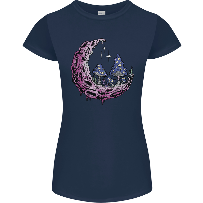 Trippy Magic Mushroom Moon LSD Psychedelic Womens Petite Cut T-Shirt Navy Blue
