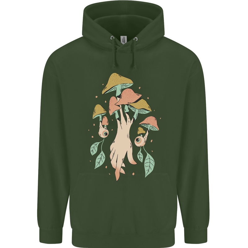 Trippy Magic Mushrooms With Eyes Childrens Kids Hoodie Forest Green