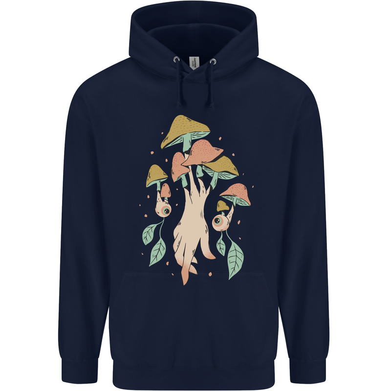 Trippy Magic Mushrooms With Eyes Mens 80% Cotton Hoodie Navy Blue