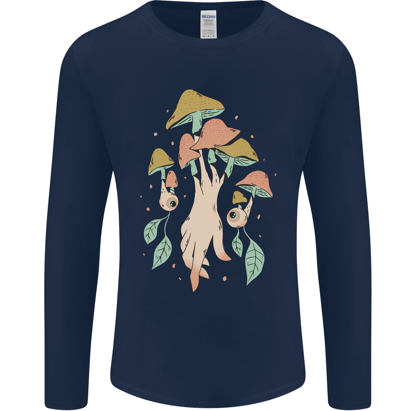 Trippy Magic Mushrooms With Eyes Mens Long Sleeve T-Shirt Navy Blue