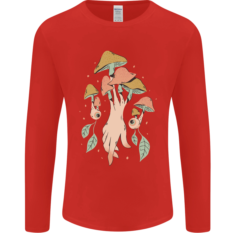 Trippy Magic Mushrooms With Eyes Mens Long Sleeve T-Shirt Red