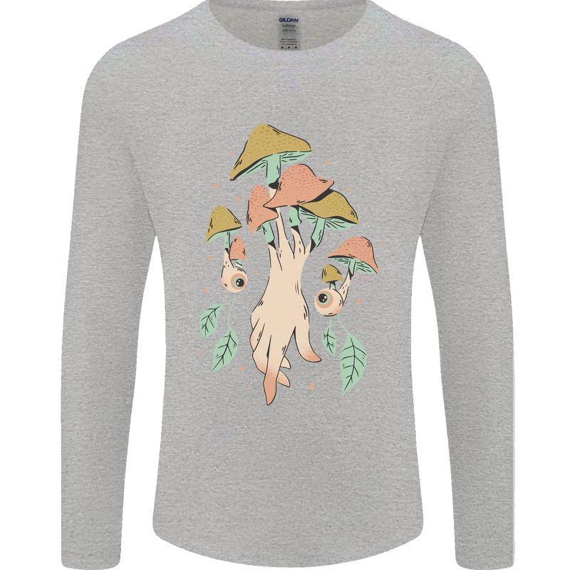 Trippy Magic Mushrooms With Eyes Mens Long Sleeve T-Shirt Sports Grey