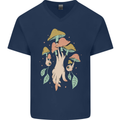 Trippy Magic Mushrooms With Eyes Mens V-Neck Cotton T-Shirt Navy Blue