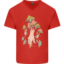Trippy Magic Mushrooms With Eyes Mens V-Neck Cotton T-Shirt Red