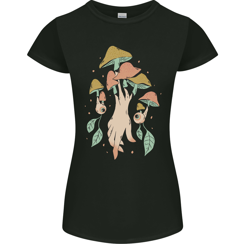 Trippy Magic Mushrooms With Eyes Womens Petite Cut T-Shirt Black