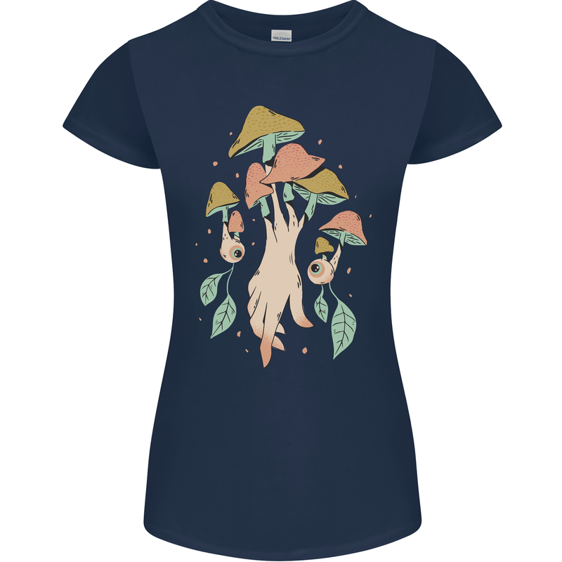 Trippy Magic Mushrooms With Eyes Womens Petite Cut T-Shirt Navy Blue