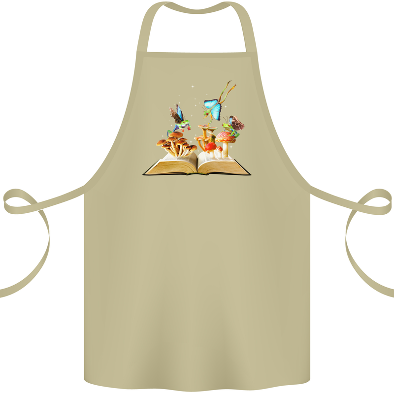 Trippy Nature Book Magic Mushrooms LSD Cotton Apron 100% Organic Khaki