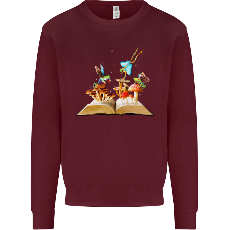 Trippy Nature Book Magic Mushrooms LSD Kids Sweatshirt Jumper Maroon