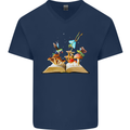 Trippy Nature Book Magic Mushrooms LSD Mens V-Neck Cotton T-Shirt Navy Blue