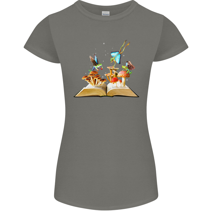 Trippy Nature Book Magic Mushrooms LSD Womens Petite Cut T-Shirt Charcoal