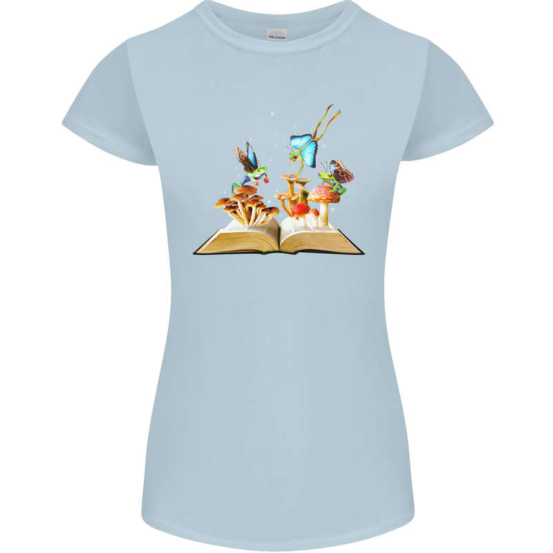 Trippy Nature Book Magic Mushrooms LSD Womens Petite Cut T-Shirt Light Blue