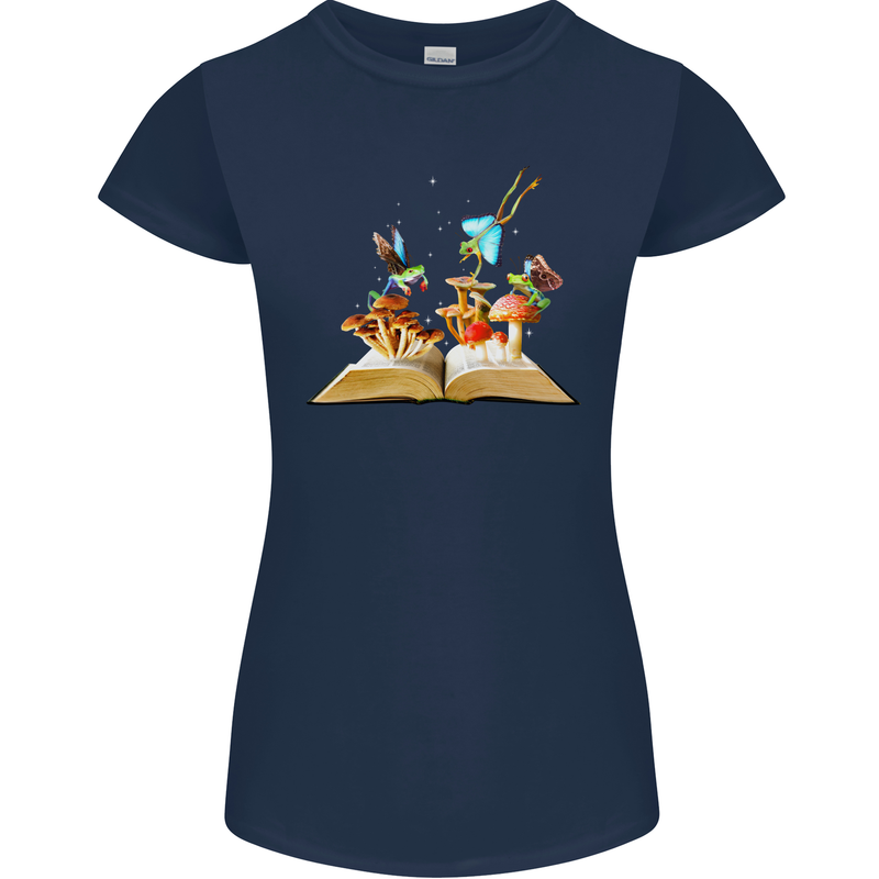 Trippy Nature Book Magic Mushrooms LSD Womens Petite Cut T-Shirt Navy Blue