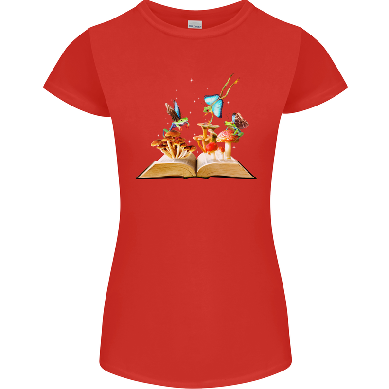 Trippy Nature Book Magic Mushrooms LSD Womens Petite Cut T-Shirt Red