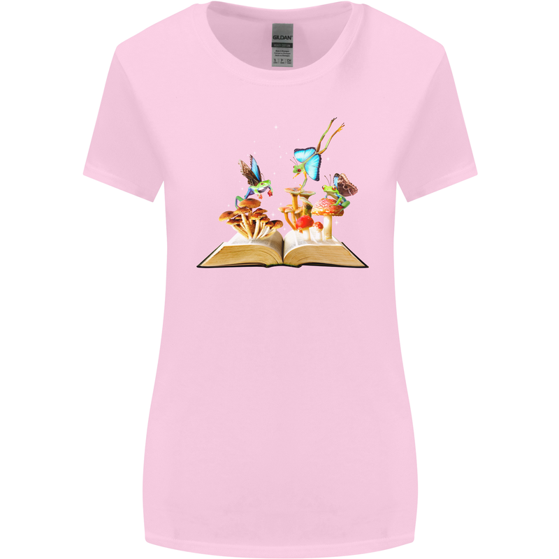 Trippy Nature Book Magic Mushrooms LSD Womens Wider Cut T-Shirt Light Pink