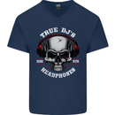 True Dj's Are Born With Headphones DJing Mens V-Neck Cotton T-Shirt Navy Blue