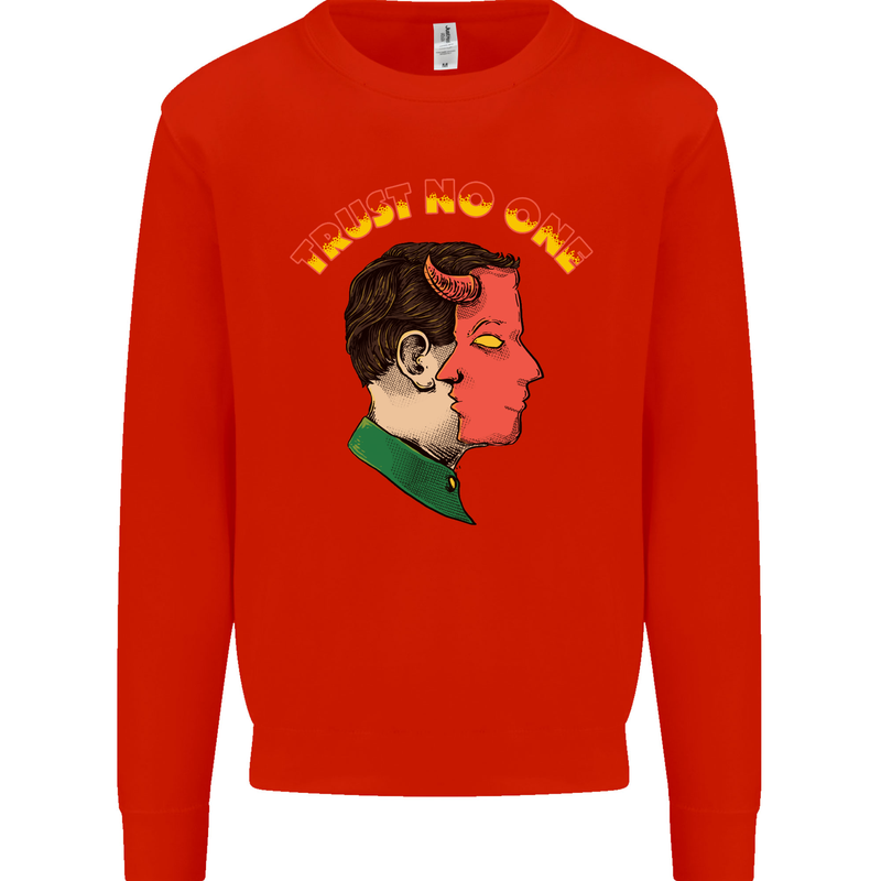 Trust No One Devil Demon 2 Faced Satan Kids Sweatshirt Jumper Bright Red
