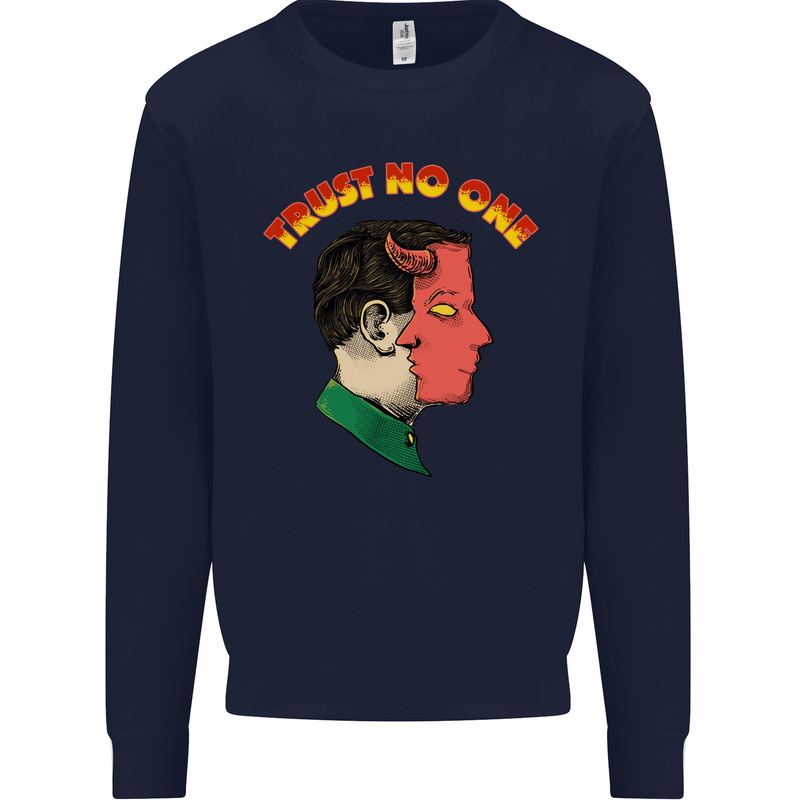 Trust No One Devil Demon 2 Faced Satan Kids Sweatshirt Jumper Navy Blue