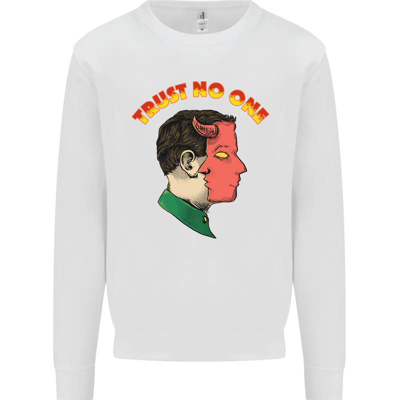 Trust No One Devil Demon 2 Faced Satan Kids Sweatshirt Jumper White