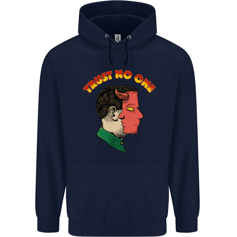 Trust No One Devil Demon 2 Faced Satan Mens 80% Cotton Hoodie Navy Blue