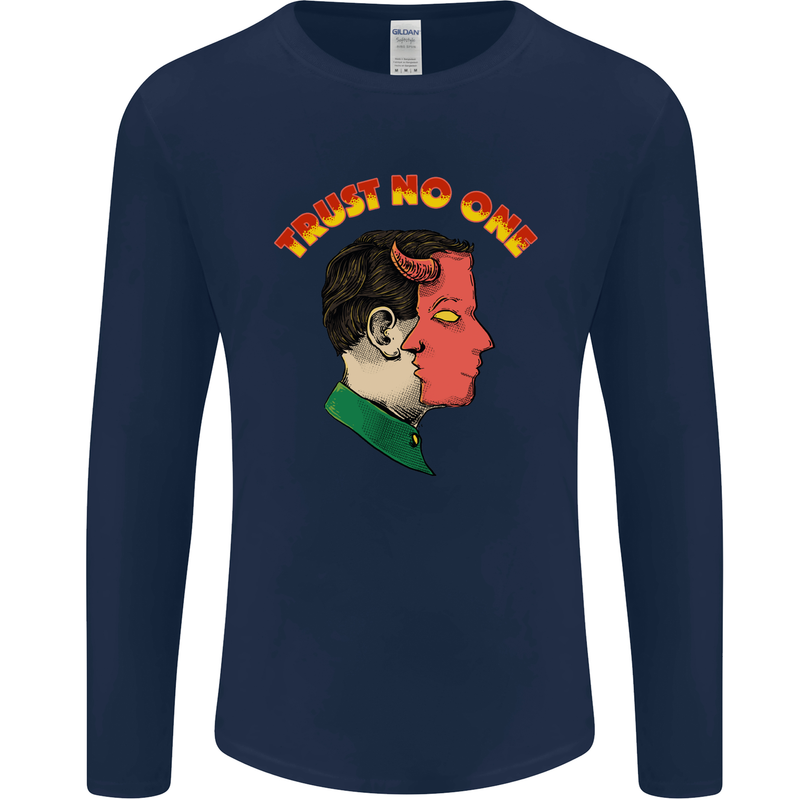Trust No One Devil Demon 2 Faced Satan Mens Long Sleeve T-Shirt Navy Blue