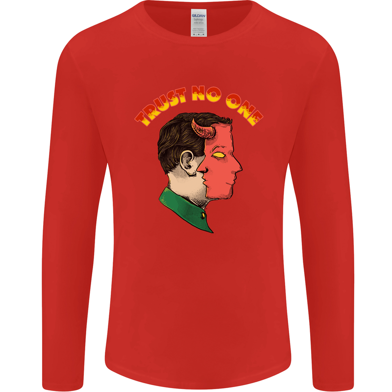 Trust No One Devil Demon 2 Faced Satan Mens Long Sleeve T-Shirt Red
