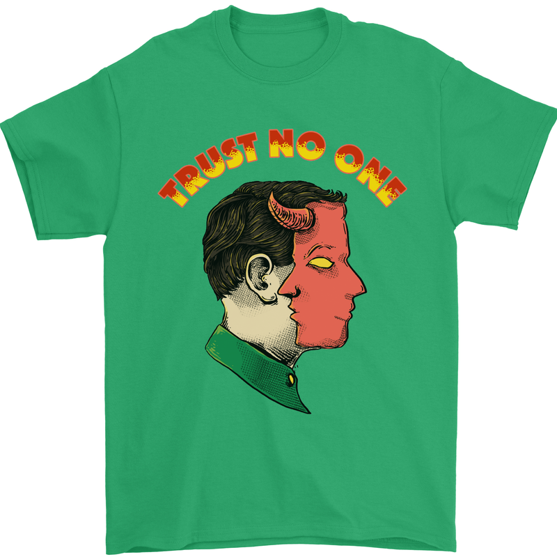 Trust No One Devil Demon 2 Faced Satan Mens T-Shirt Cotton Gildan Irish Green