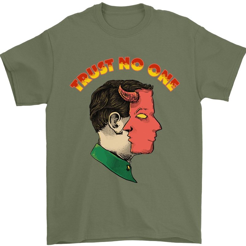 Trust No One Devil Demon 2 Faced Satan Mens T-Shirt Cotton Gildan Military Green