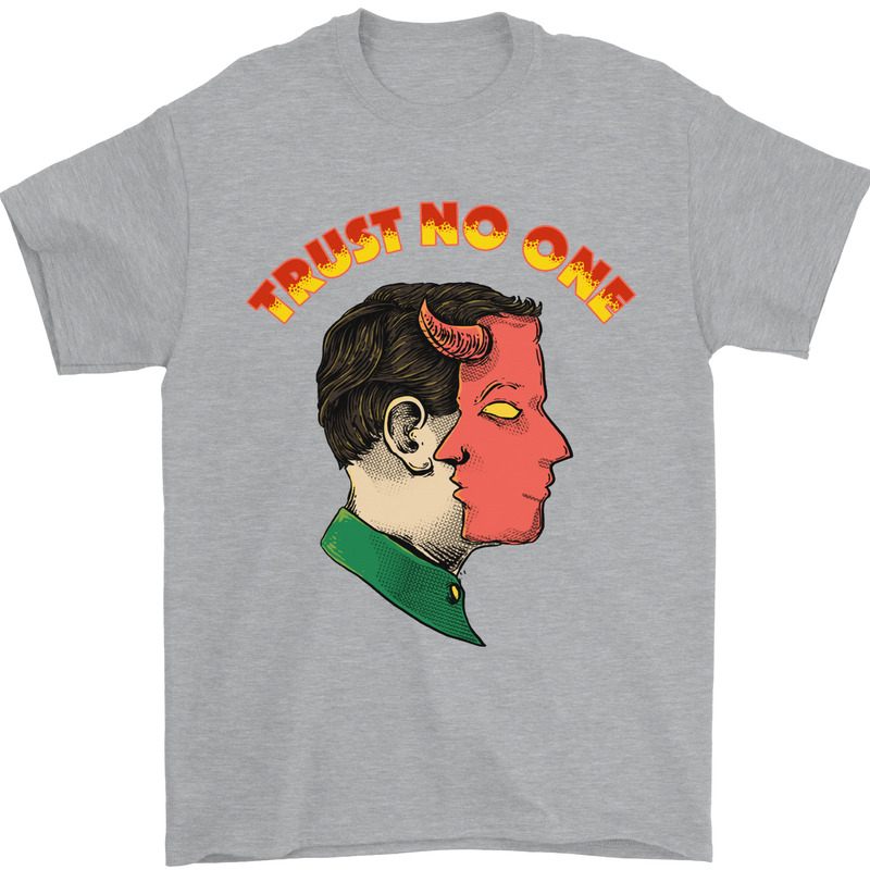Trust No One Devil Demon 2 Faced Satan Mens T-Shirt Cotton Gildan Sports Grey